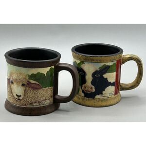 Hallmark Valerie Pillow Cow Barn Scene & Sheep Coffee Tea Mugs‎ Set Of 2